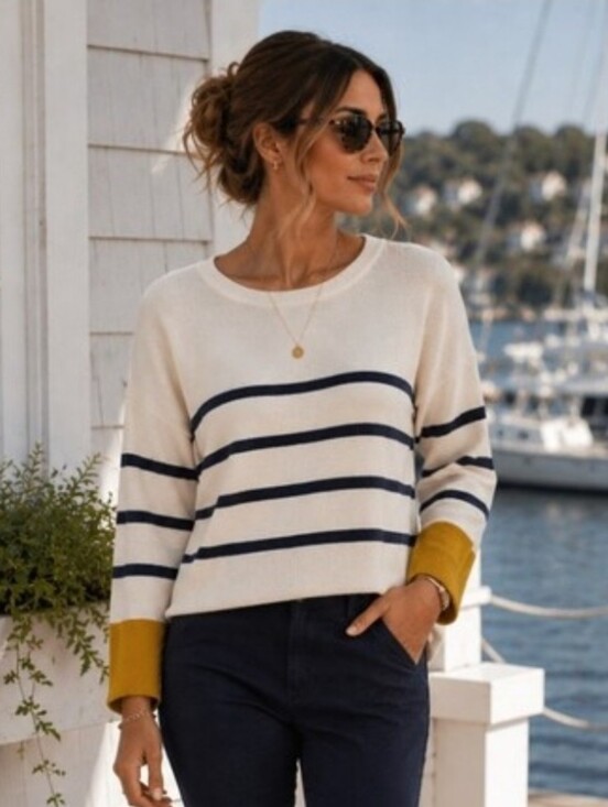 Pouf apparel Sweaters - Poof Apparel Cream Crewneck Sweater with Navy Stripes and Mustard Cuffs SZ S